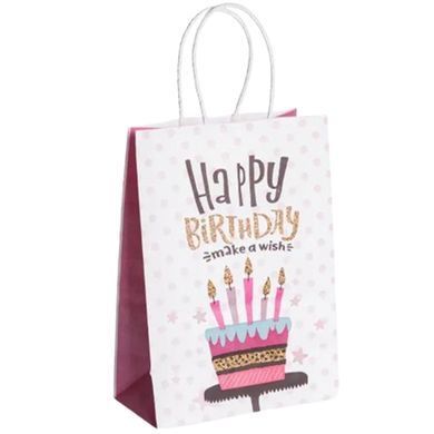 Подарочный пакет Happy Birthday 15 на 8 на 21 см 12 штук в упаковке Розовый с белым Yiwu HP-10359-23PK