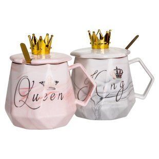 Набор парных фарфоровых чашек Queen&King 2 шт по 400 мл Розовый с белым Yiwu FM-30